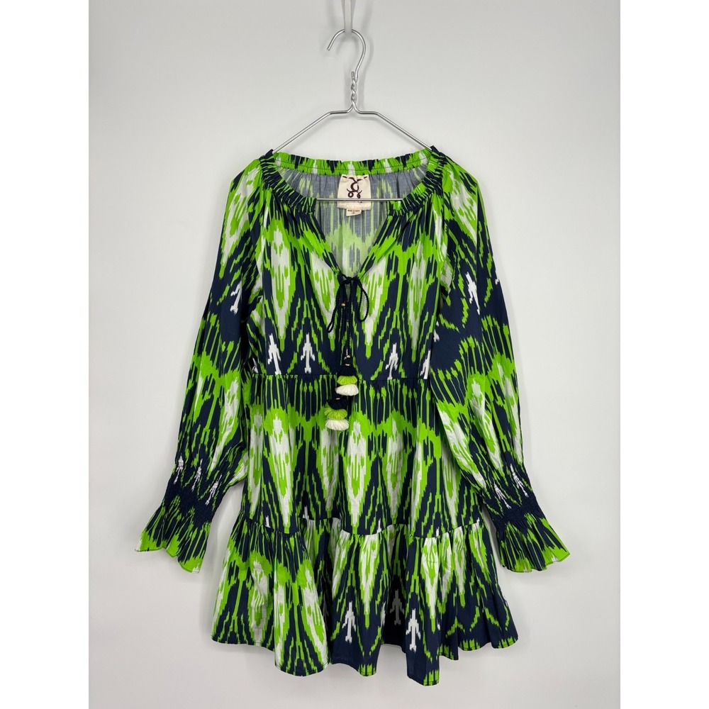 Figue Dress Womens M Green Ikat Bella Short Cotton Ruffle Skater Tassels Pockets
